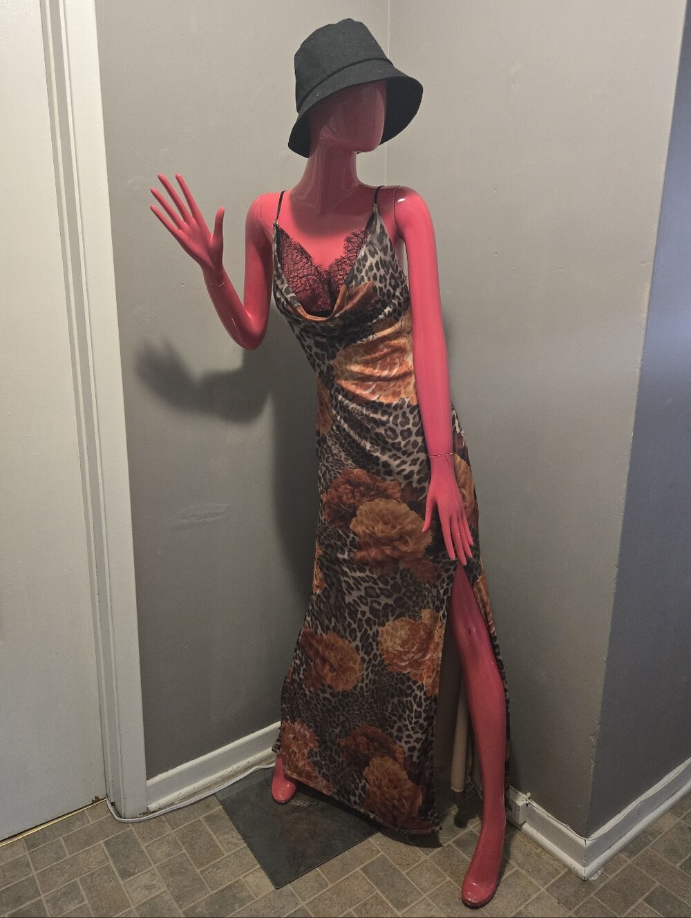 NWT Simons Leopard & Floral Slip Maxi Dress in Brown and Orange